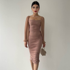 فستان كتفين بأكمام طويلة شفافة بيج