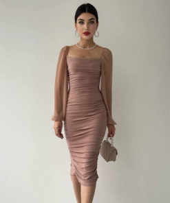 فستان كتفين بأكمام طويلة شفافة بيج