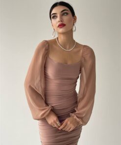 Alternative view of فستان كتفين  بأكمام طويلة شفافة بيج