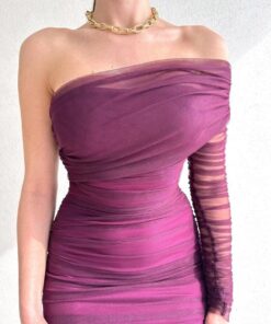 Alternative view of فستان أنيق بكتف واحد عنابي