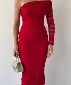Alternative view of فستان أنيق بكتف واحد احمر