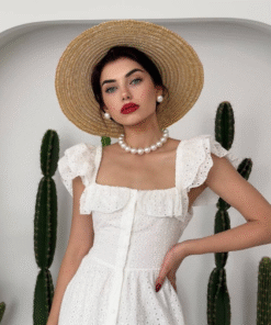 فستان ميدي أبيض مصنوع من قماش مخرم