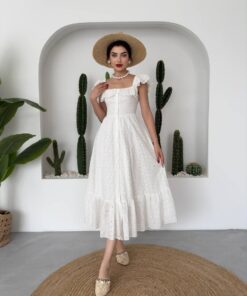 Alternative view of فستان ميدي أبيض مصنوع من قماش مخرم