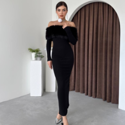 فستان بدون اكتاف - فرو فاخر أسود