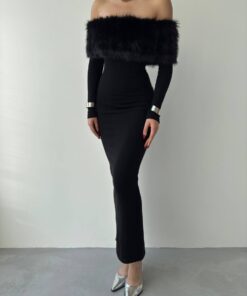 Alternative view of فستان بدون اكتاف - فرو فاخر أسود