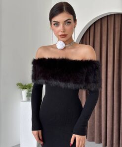 فستان بدون اكتاف - فرو فاخر أسود - لارج