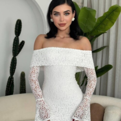 فستان دنتيل بأكمام أبيض