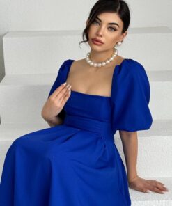 Alternative view of فستان ملكي أزرق بقصة كلوش وأكمام منفوشة💙