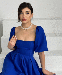 فستان ملكي أزرق بقصة كلوش وأكمام منفوشة💙