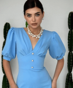 فستان بلو ازرق سماوي بطول متوسط وتصميم كلاسيكي