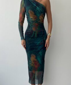 Alternative view of فستان بتصميم الكتف الواحد بنقشة ساحرة