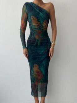 Alternative view of فستان بتصميم الكتف الواحد بنقشة ساحرة