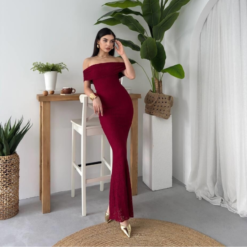 فستان دنتيل خمري بدون اكمام