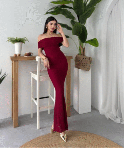 فستان دنتيل خمري بدون اكمام