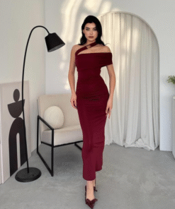 فستان خمري بكتف متقاطع