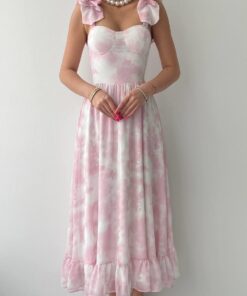 Alternative view of فستان وردي طويل مع فيونات على الكتفين🩷