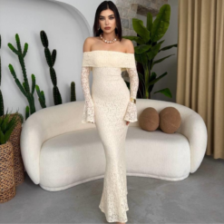 فستان دنتيل بأكمام بيج