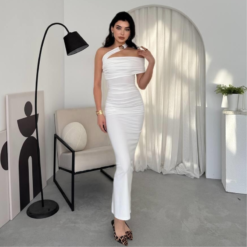 فستان Reta أبيض بكتف متقاطع🤍