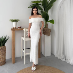 فستان دنتيل أبيض بدون اكمام