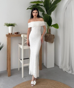 فستان دنتيل أبيض بدون اكمام