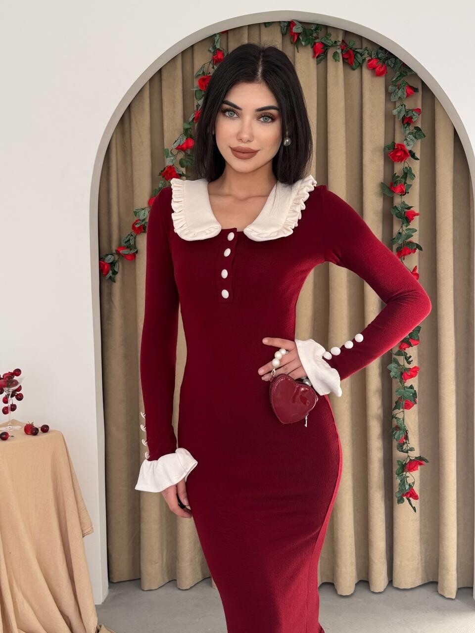 فستان سورا ياقة بَيبي – خمري - الصورة 2