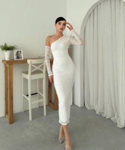 فستان دانتيل أبيض بكتف واحد