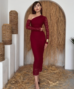 فستان دانتيل خمري بكتف واحد