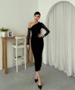 فستان دانتيل أسود بكتف واحد