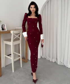 فستان خمري ستيل بإكسسوار اللؤلؤ