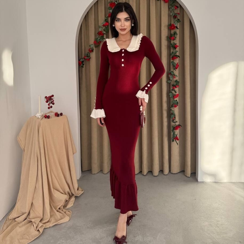 فستان سورا ياقة بَيبي – خمري