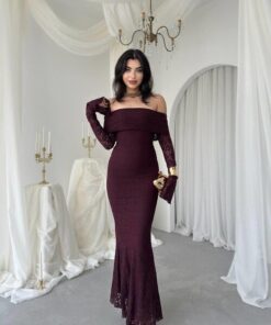 Alternative view of فستان دنتيل بأكمام عنابي ملكي