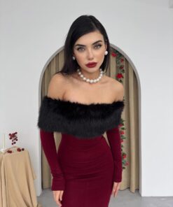 Alternative view of فستان بدون اكتاف - فرو فاخر خمري