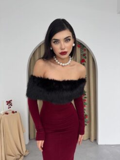 Alternative view of فستان بدون اكتاف - فرو فاخر خمري