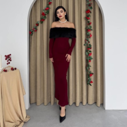 فستان بدون اكتاف - فرو فاخر خمري