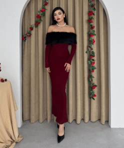 فستان بدون اكتاف - فرو فاخر خمري