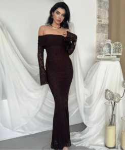 فستان دنتيل بأكمام بني