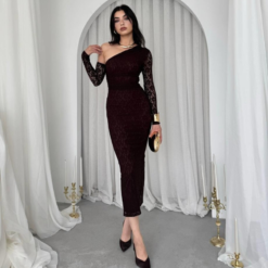 فستان دانتيل بني بكتف واحد