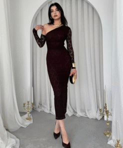 فستان دانتيل بني بكتف واحد