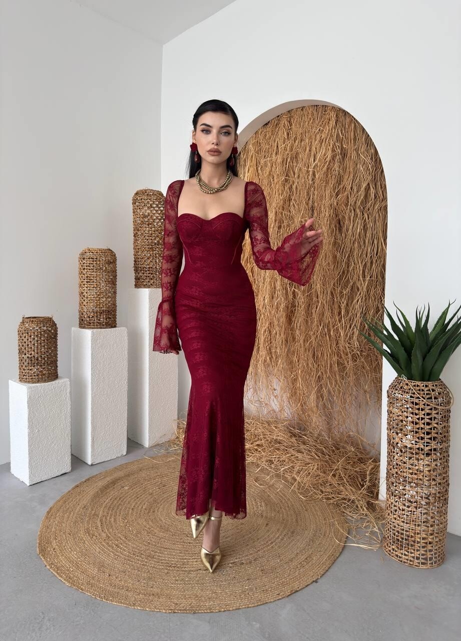 فستان Fost الميدي خمري بالدانتيل - الصورة 3