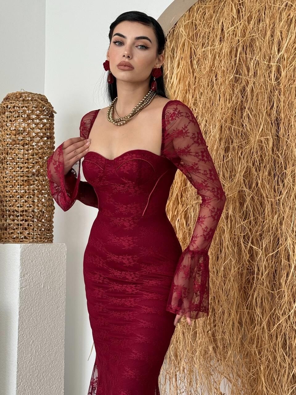 فستان Fost الميدي خمري بالدانتيل - الصورة 5