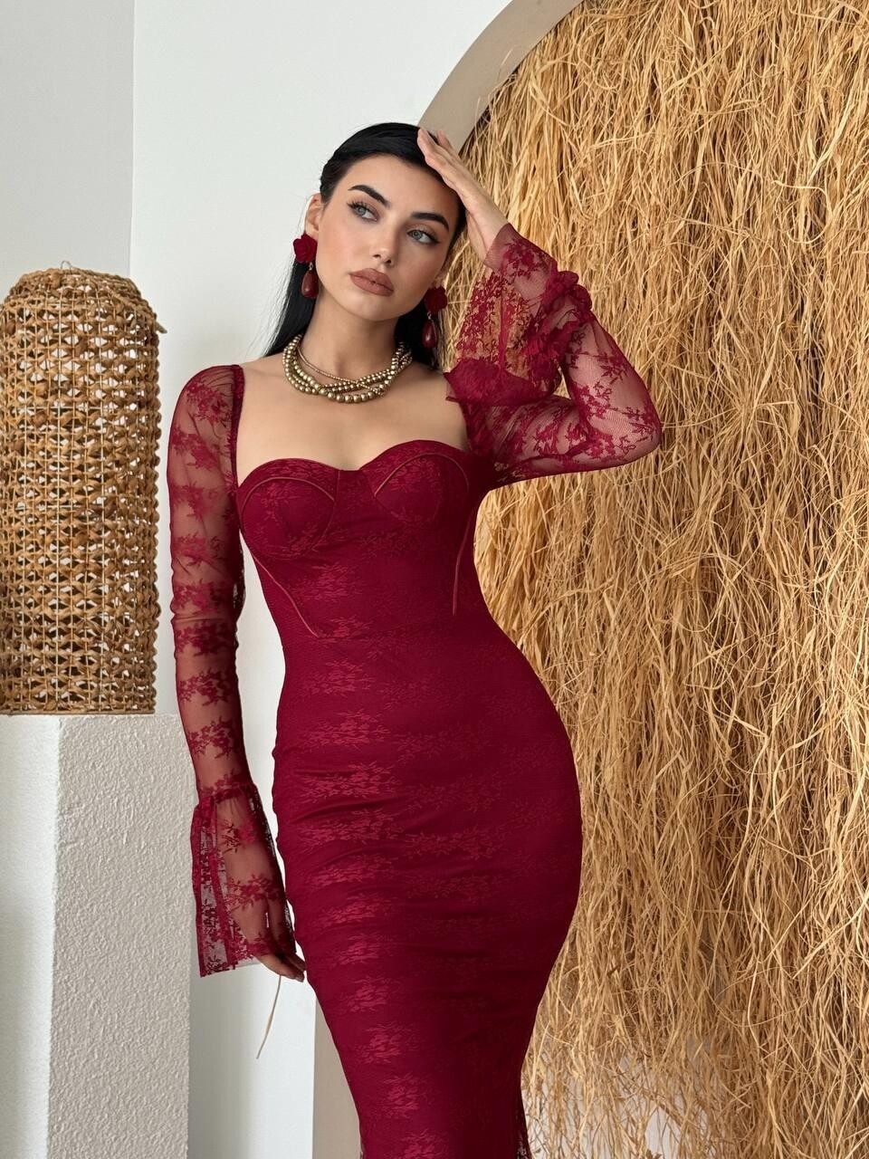 فستان Fost الميدي خمري بالدانتيل - الصورة 7