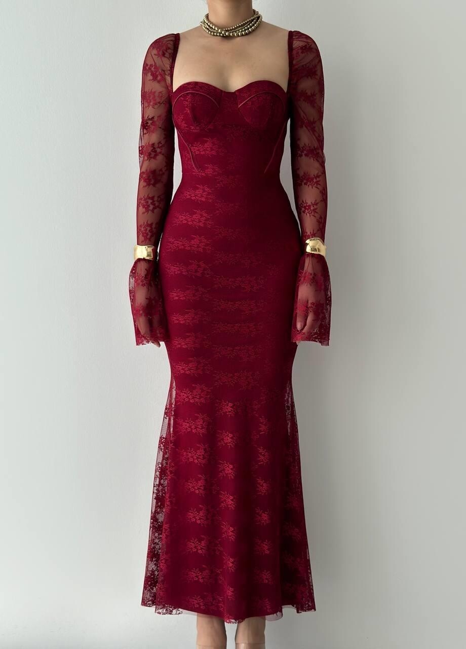 فستان Fost الميدي خمري بالدانتيل - الصورة 8