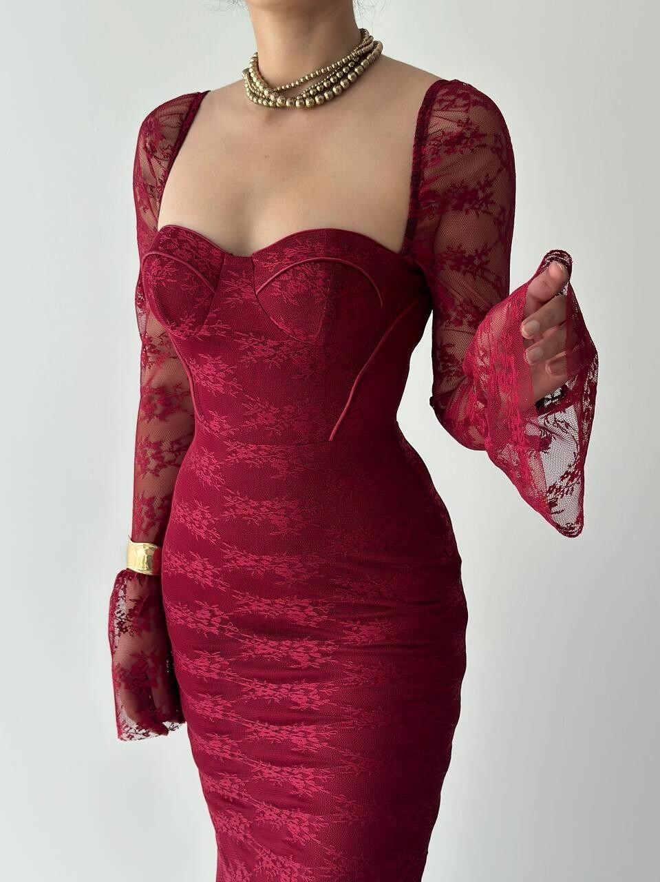 فستان Fost الميدي خمري بالدانتيل - الصورة 9