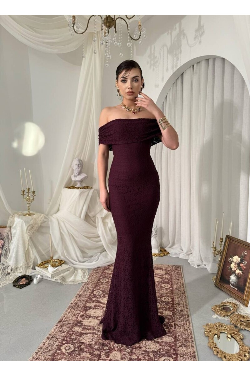 فستان دنتيل عنابي بدون اكمام ملكي - الصورة 9
